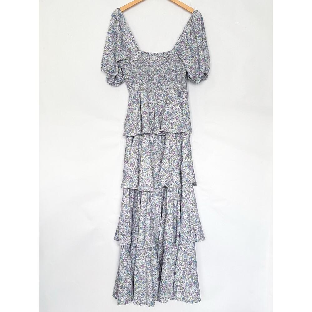 Entro Smocked Floral Maxi Dress Square Neck Layered Ruffle Blue Green Size Large - Picture 7 of 16